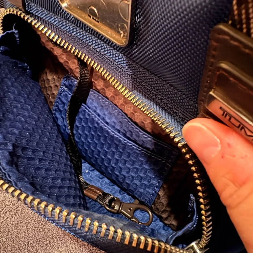 Tumi Blue Messenger Bag with Brown Trim